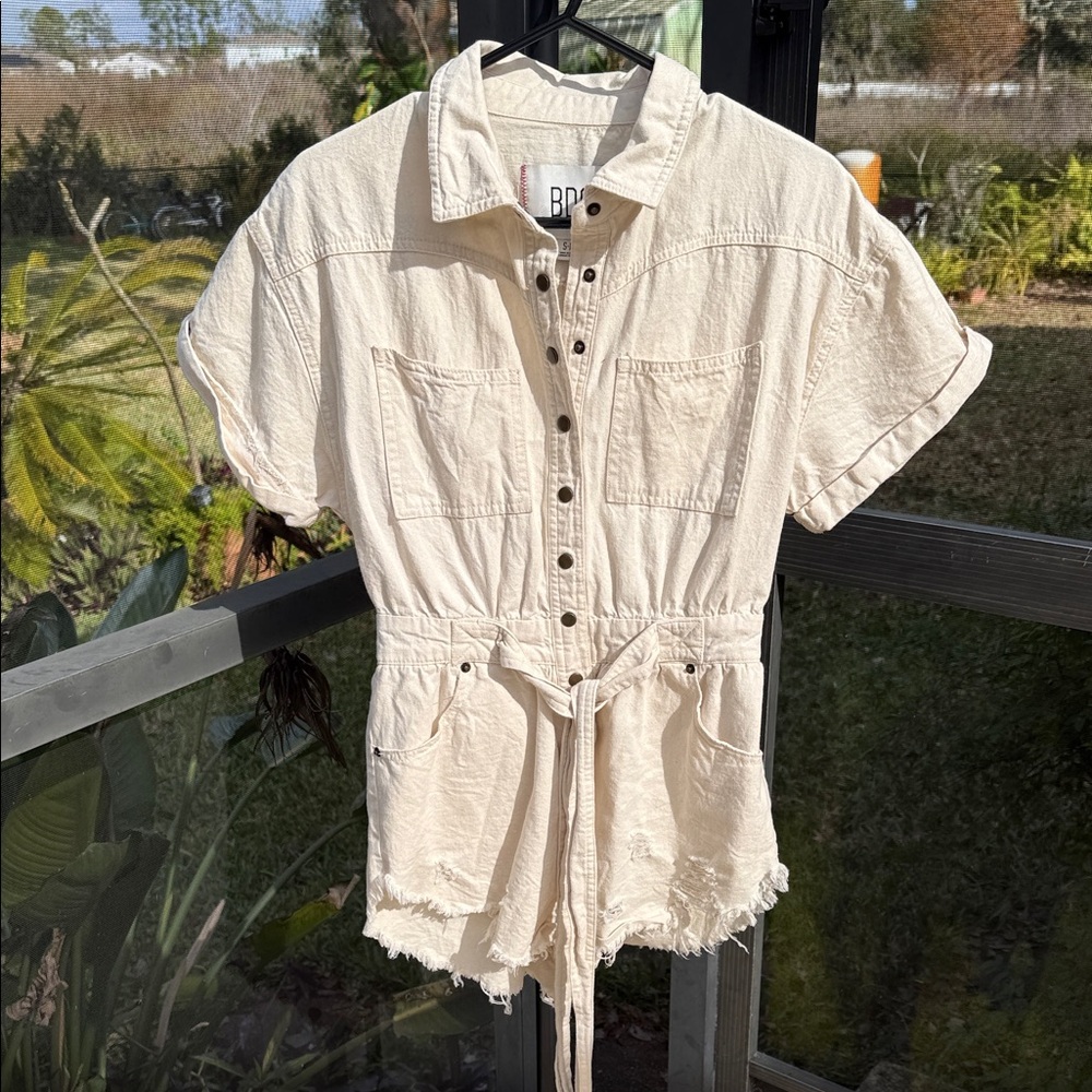 BDG Devon Distressed Denim Off-White Cream snap-Up Romper